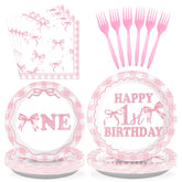 96 Pcs Pink Bow 1st Birthday Party Plates and Napkins - Grencian