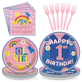 96 Pcs Pink Cowboy 1st Birthday Party Plates and Napkins - Grencian