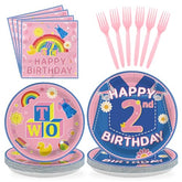 96 Pcs Pink Cowboy 2nd Birthday Party Plates and Napkins - Grencian