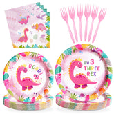 96 Pcs Pink Dinosaur 3rd Birthday Party Plates and Napkins - Grencian
