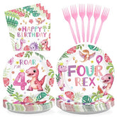 96 Pcs Pink Dinosaur 4th Birthday Party Plates and Napkins