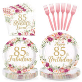 96 Pcs Pink Floral 85th Birthday Party Plates and Napkins - Grencian