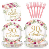 96 Pcs Pink Floral 90th Birthday Party Plates and Napkins - Grencian