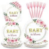 96 Pcs Pink Floral Baby Shower Party Plates and Napkins - Grencian