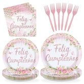 96 Pcs Pink Floral Feliz Cumpleaños Party Plates and Napkins - Grencian