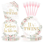 96 Pcs Pink Floral Twins Baby Shower Party Plates and Napkins - Grencian