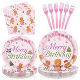 96 Pcs Pink Gingerbread Birthday Party Plates and Napkins - Grencian