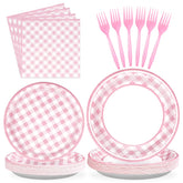 96 Pcs Pink Gingham Party Plates and Napkins - Grencian