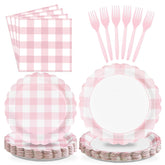 96 Pcs Pink Gingham Scalloped Party Plates and Napkins - Grencian