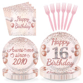 96 Pcs Pink Gold 16th Birthday Party Plates and Napkins - Grencian