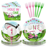 96 Pcs Pink Golf 1st Birthday Party Plates and Napkins - Grencian