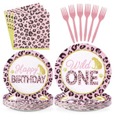 96 Pcs Pink Leopard 1st Birthday Party Plates and Napkins - Grencian