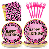 96 Pcs Pink Leopard Birthday Party Plates and Napkins - Grencian