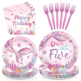 96 Pcs Pink Mermaid 5th Birthday Party Plates and Napkins - Grencian