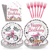 96 Pcs Pink Motorcycle Birthday Party Plates and Napkins - Grencian