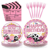 96 Pcs Pink Movie Night Birthday Party Plates and Napkins - Grencian