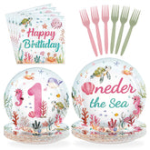 96 Pcs Pink Ocean 1st Birthday Party Plates and Napkins - Grencian