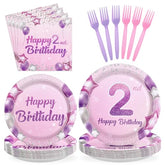 96 Pcs Pink Purple 2nd Birthday Party Plates and Napkins - Grencian