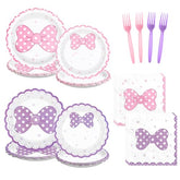 96 Pcs Pink Purple Bows Party Plates and Napkins - Grencian