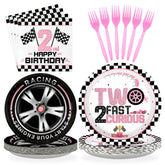 96 Pcs Pink Race Car 2nd Birthday Party Plates and Napkins - Grencian