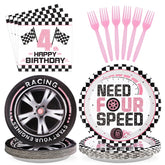 96 Pcs Pink Race Car 4th Birthday Party Plates and Napkins - Grencian