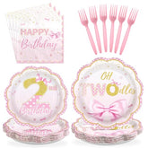 96 Pcs Pink Rose Bows 2nd Birthday Party Plates and Napkins - Grencian