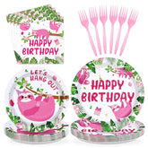 96 Pcs Pink Sloth Birthday Party Plates and Napkins - Grencian
