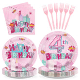96 Pcs Pink Spider 4th Birthday Party Plates and Napkins - Grencian