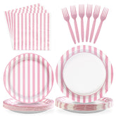 96 Pcs Pink Striped Party Plates and Napkins - Grencian