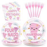 96 Pcs Pink Tornado 4th Birthday Party Plates and Napkins - Grencian