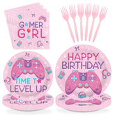 96 Pcs Pink Video Game Birthday Party Plates and Napkins - Grencian