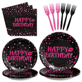 96 Pcs Pink and Black Birthday Party Plates and Napkins - Grencian