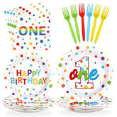 96 Pcs Polka Dots 1st Birthday Party Plates and Napkins - Grencian