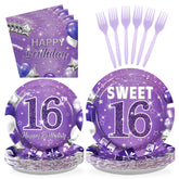 96 Pcs Purple 16th Birthday Party Plates and Napkins - Grencian