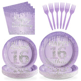 96 Pcs Light Purple 16th Birthday Party Plates and Napkins - Grencian