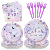 96 Pcs Purple Butterfly Baby Shower Party Plates and Napkins - Grencian