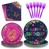 96 Pcs Purple Butterfly Birthday Party Plates and Napkins - Grencian