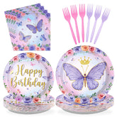 96 Pcs Purple Butterfly Party Plates and Napkins - Grencian