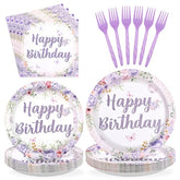 96 Pcs Purple Floral Birthday Party Plates and Napkins - Grencian