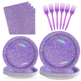 96 Pcs Purple Glitter Party Plates and Napkins - Grencian