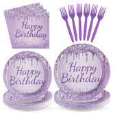 96 Pcs Purple Silver Birthday Party Plates and Napkins - Grencian