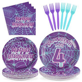 96 Pcs Purple Spiderweb 4th Birthday Party Plates and Napkins - Grencian