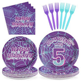 96 Pcs Purple Spiderweb 5th Birthday Party Plates and Napkins - Grencian