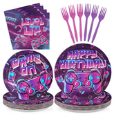 96 Pcs Purple Video Game Birthday Party Plates and Napkins - Grencian