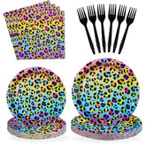 96 Pcs Rainbow Leopard Party Plates and Napkins - Grencian