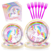 96 Pcs Rainbow Unicorn Party Plates and Napkins - Grencian