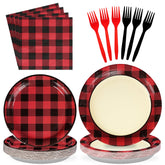 96 Pcs Red Black Buffalo Plaid Party Plates and Napkins - Grencian