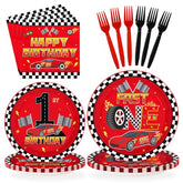 96 Pcs Red Race Car 1st Birthday Party Plates and Napkins - Grencian