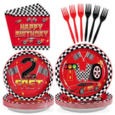 96 Pcs Red Race Car 2nd Birthday Party Plates and Napkins - Grencian