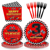 96 Pcs Red Race Car 3rd Birthday Party Plates and Napkins - Grencian